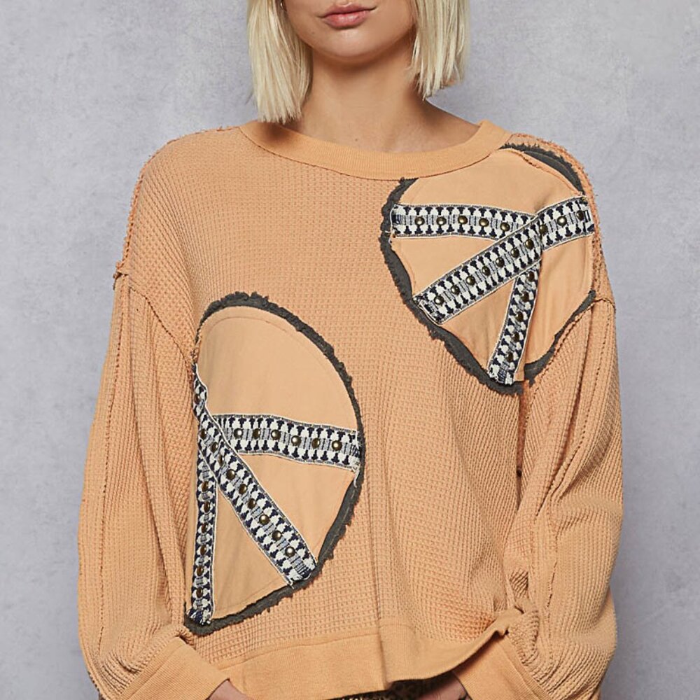 POL Orange and Black Patchwork Top with studded Peace Signs. - Picture 3 of 5